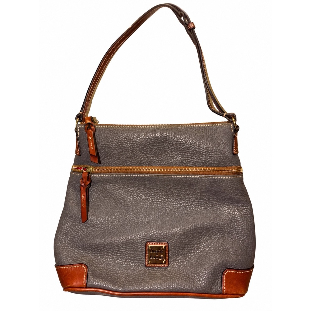 Dooney & Bourke Pebbled Leather Hobo Shoulder Bag Gray Brown Trim